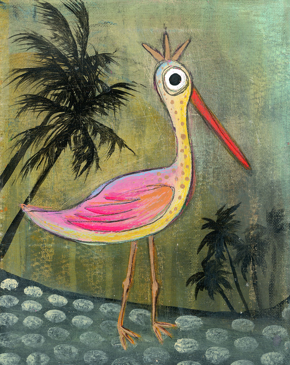 Whimsical tropical bird painting featuring bright pink and yellow tones with black palm trees and textured coastal background