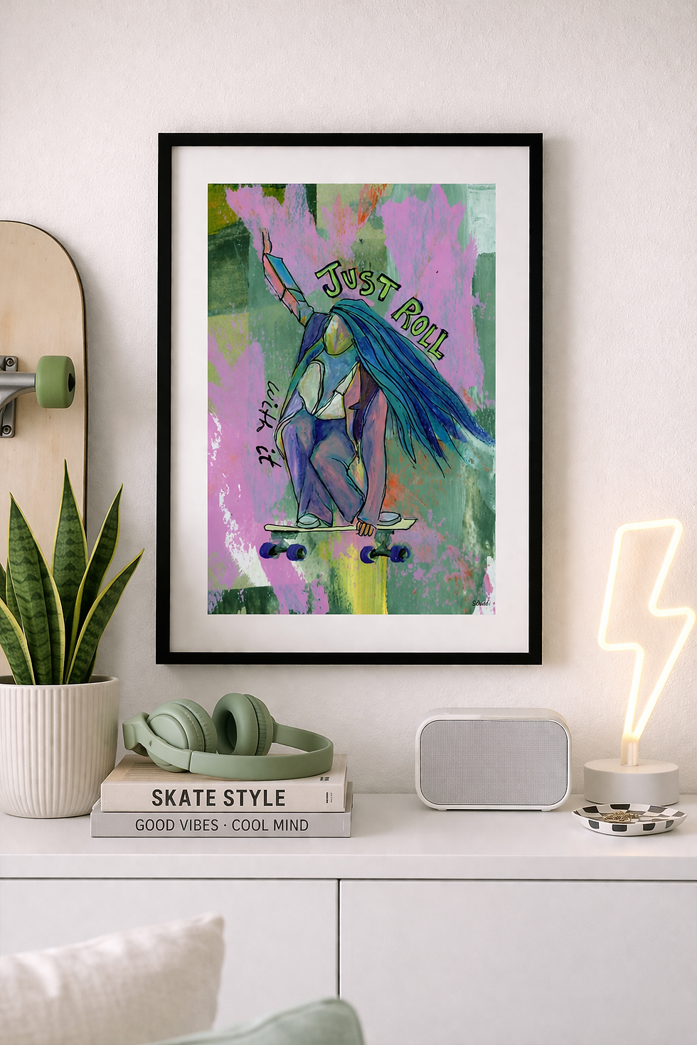 Modern skater girl mini print in a black 8x10 frame with white mat, styled in a clean minimalist room with white console, ska