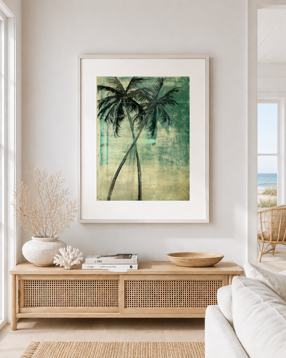 Modern coastal palm tree art print featuring expressive black palm trees layered over textured seafoam and sandy neutral tone