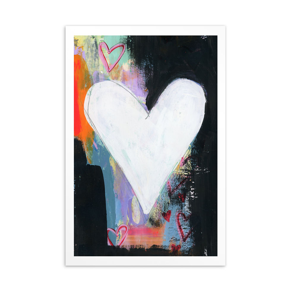 Abstract heart mini print featuring a large white heart over expressive black, coral, lavender, aqua, and pink painterly laye