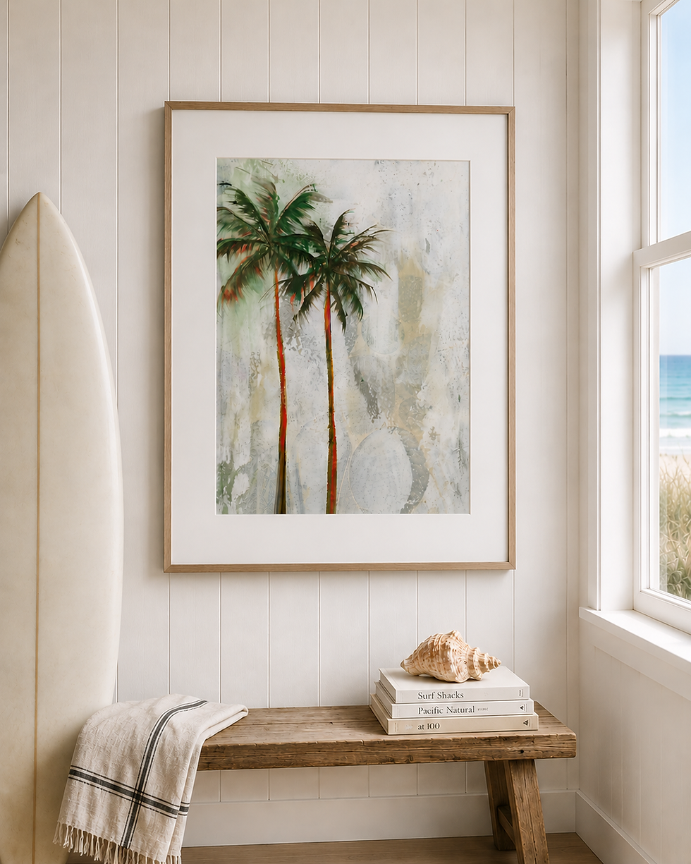 Coastal palm tree painting featuring expressive green palms layered over soft neutral textures in a modern contemporary style