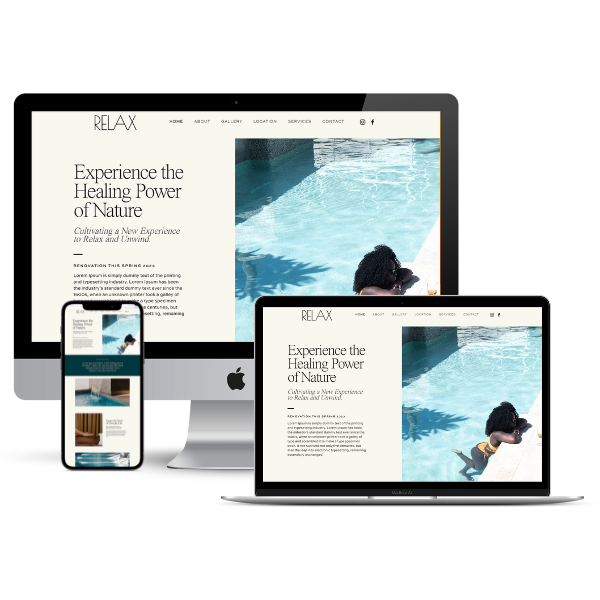 Relax, website template shown on three devices; phone, laptop and computer. Template designed by Kaira Patrick; KP Design Lab