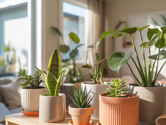 Indoor houseplants in terracotta, ceramic, and plastic pots displayed on a bright shelf
