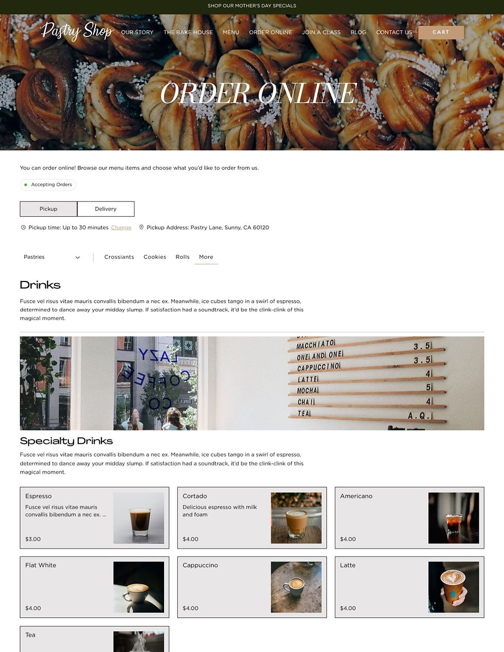 Thumbnail: Cafe website template featuring menu and pastry showcase section