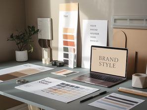 Refined modern workspace with a sleek laptop displaying a brand style guide, neutral-toned color swatches, typography samples, and a clean mood board, all set against a minimalist backdrop with soft natural lighting and subtle accessories.