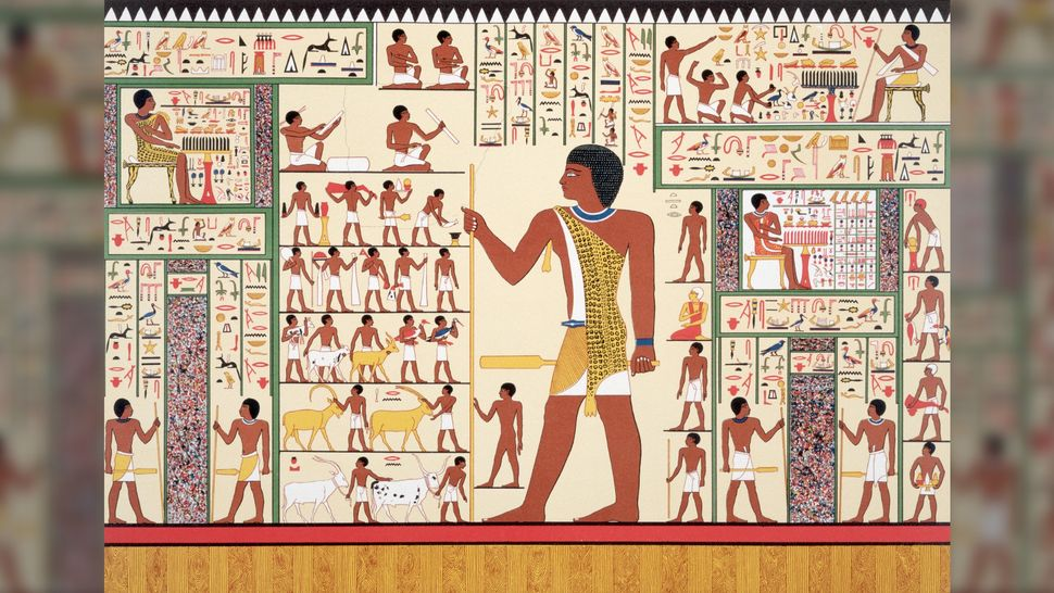 A wall painting with Egyptian hieroglyphics from Tomb 24, Giza.