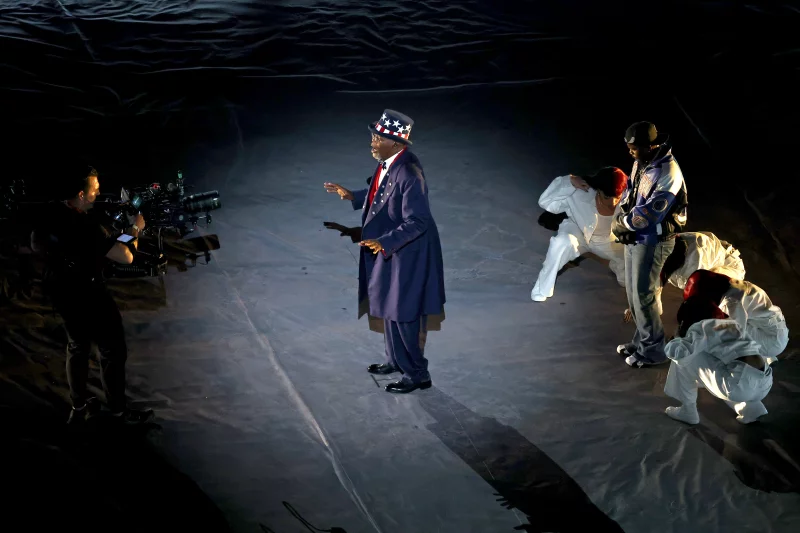 Samuel Jackson, as "Uncle Sam," and Kendrick Lamar on stage during the Apple Music Super Bowl LIX Halftime Show.