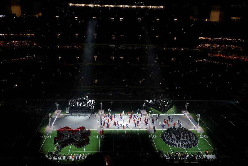 The Caesars Superdome in New Orleans transformed for Kendrick Lamar's halftime performance, Sunday, Feb. 9, 2025