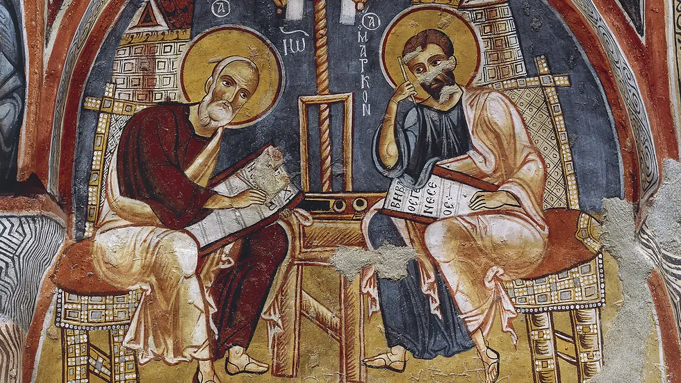 12th-13th century depiction of evangelists Luke and Matthew writing the Gospels.