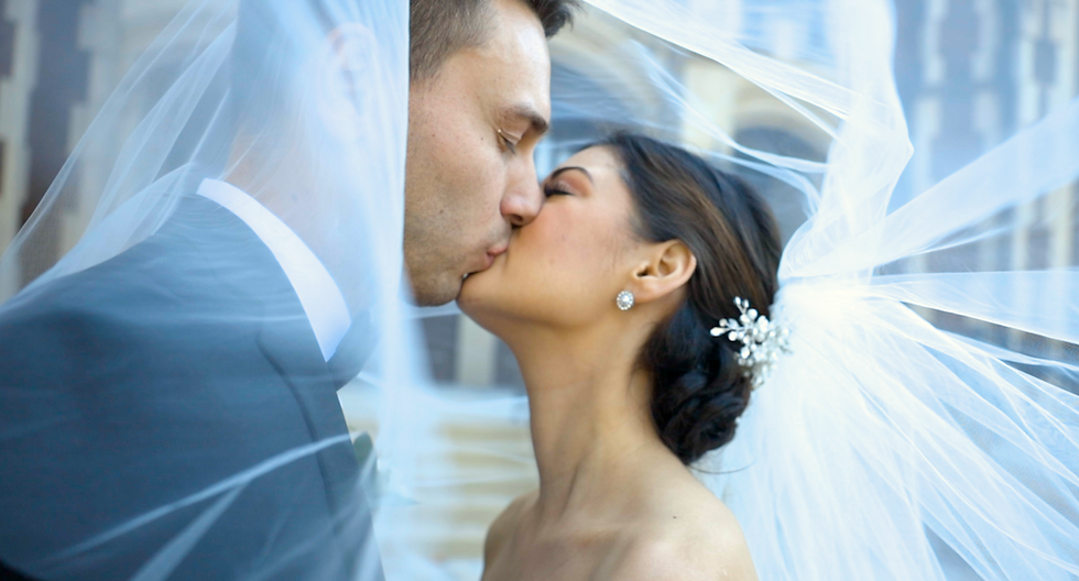bride and groom kissing