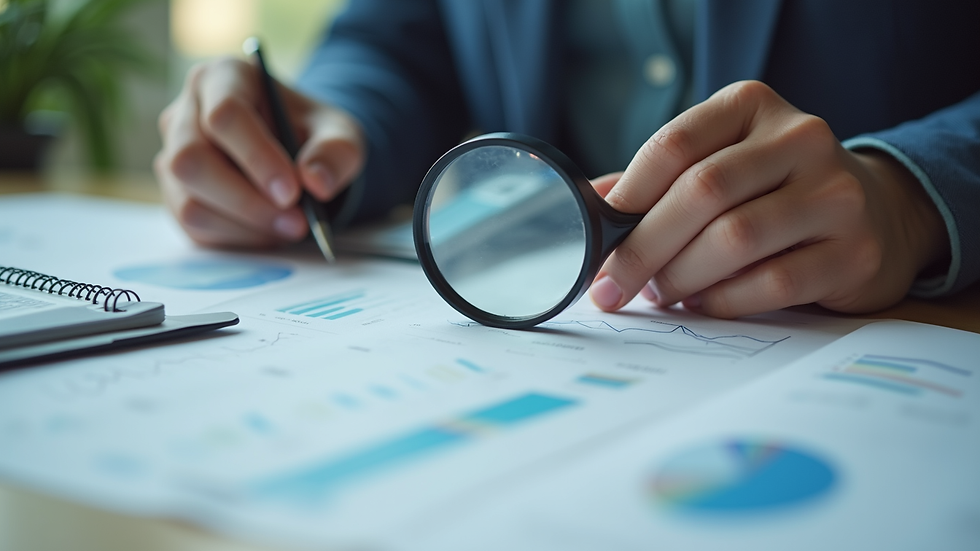 Close-up view of a person using a magnifying glass to examine printed research papers