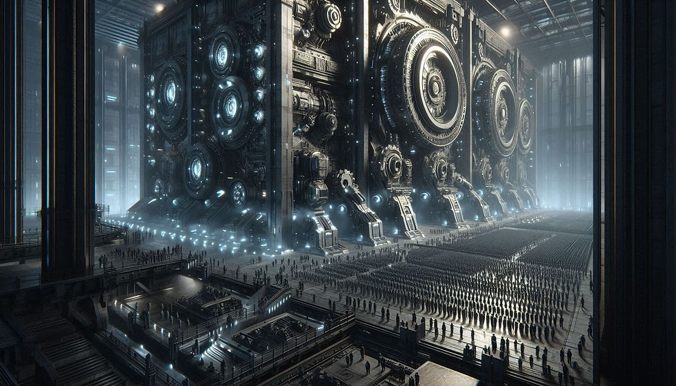 A huge machine with thousands of human slaves tending to it.