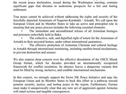 Les Européens pour l'Artsakh soutiennent l'initiative de paix suisse