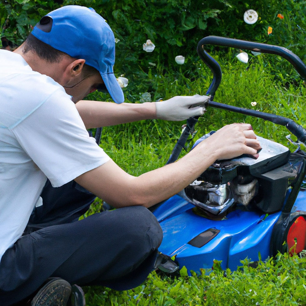 maintenance engineer working on blue lawnmower engine