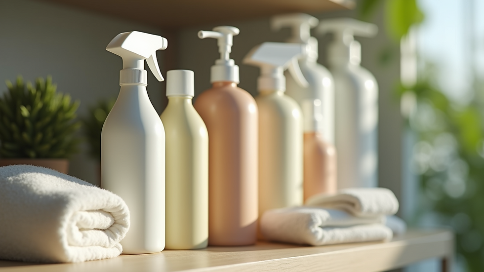 Close-up view of eco-friendly cleaning products arranged on a shelf
