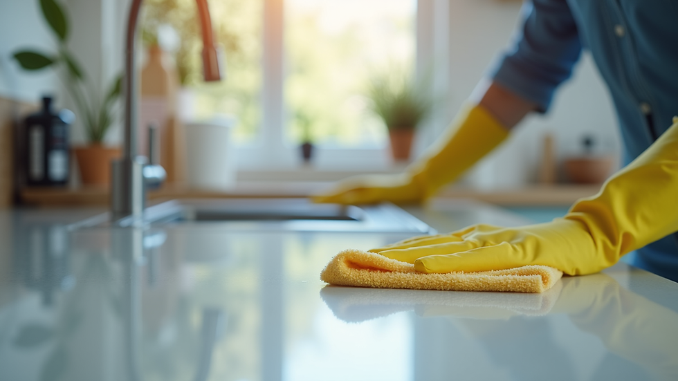 Close-up view of a professional cleaner wiping a kitchen countertop with a microfiber cloth