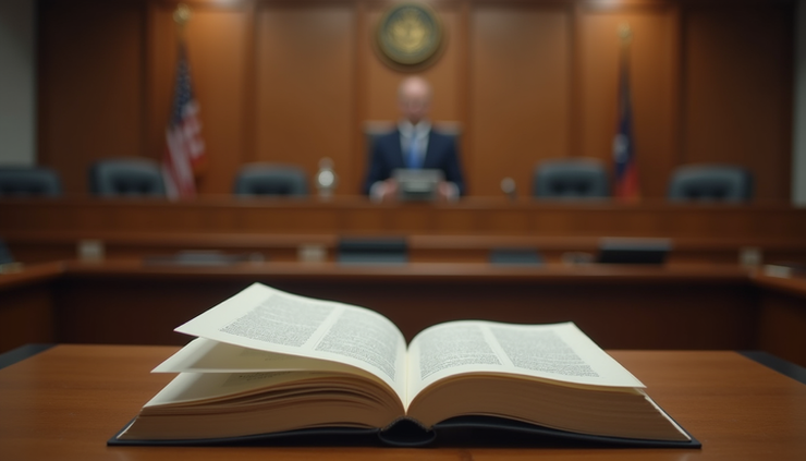 Eye-level view of a courtroom with a judge’s bench and legal books