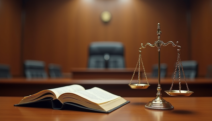 Eye-level view of a courtroom with a judge’s bench and Indian constitution book