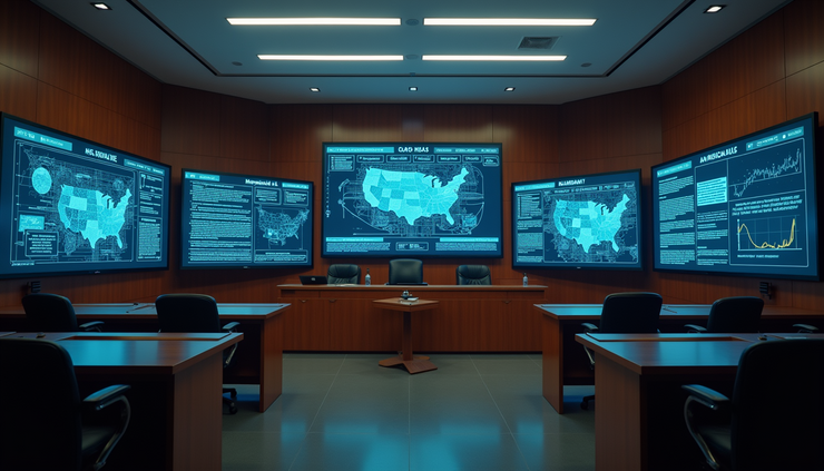 Eye-level view of a courtroom with digital screens displaying AI data