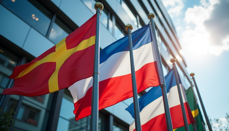 High angle view of international flags outside a conference center representing global cooperation