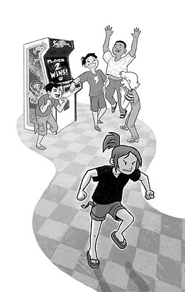 Four kids celebrate around an arcade cabinet while one girl stomps away angrily.