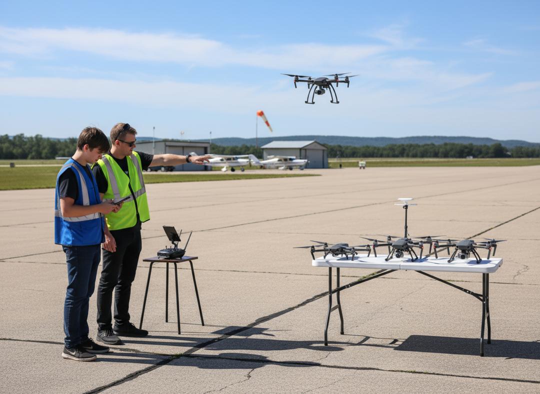 Two men operate drones on a runway, pointing at one flying.