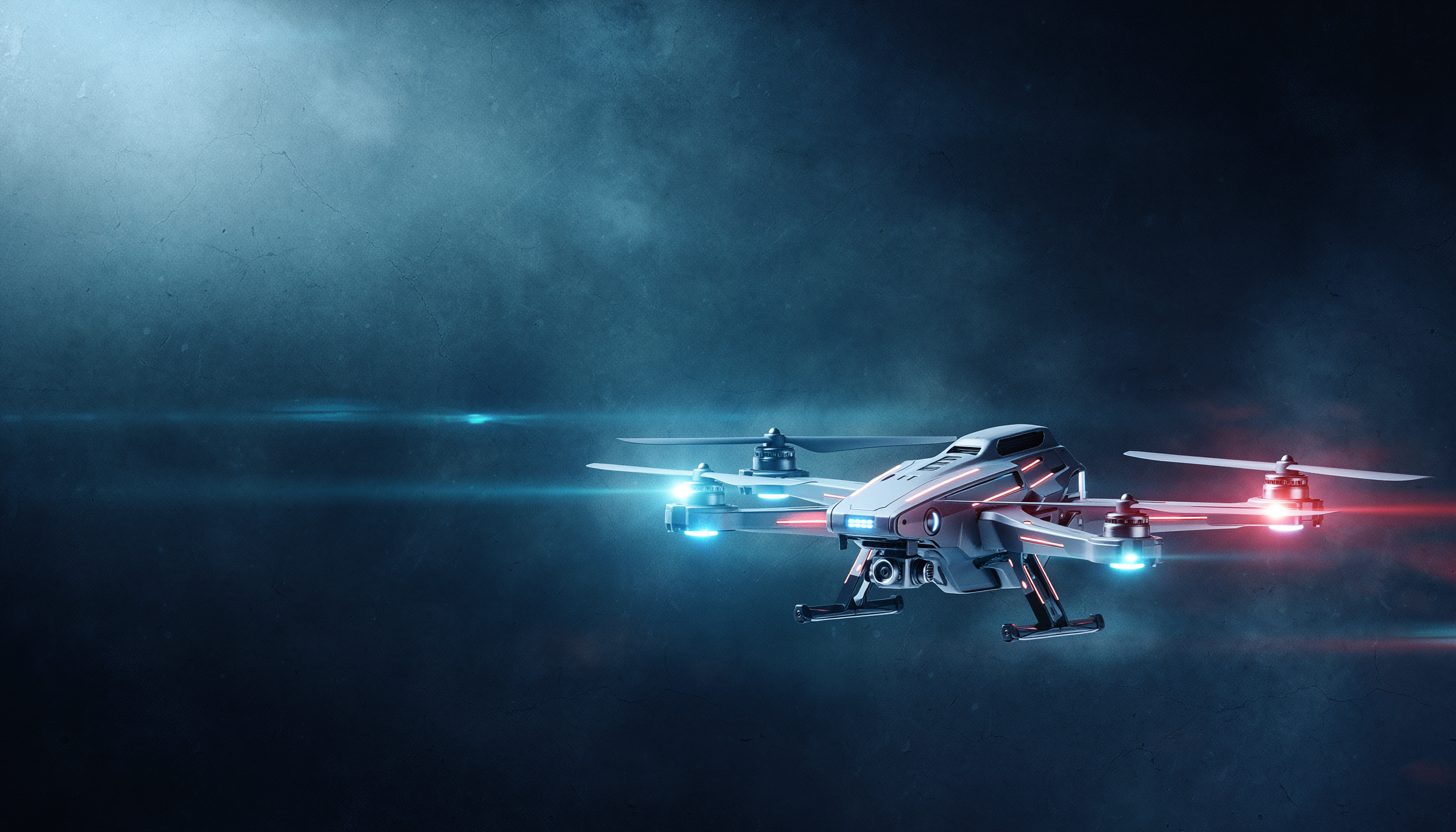 Firefly_a cinematic image of a drone on a grainy dark background, space on the left for te