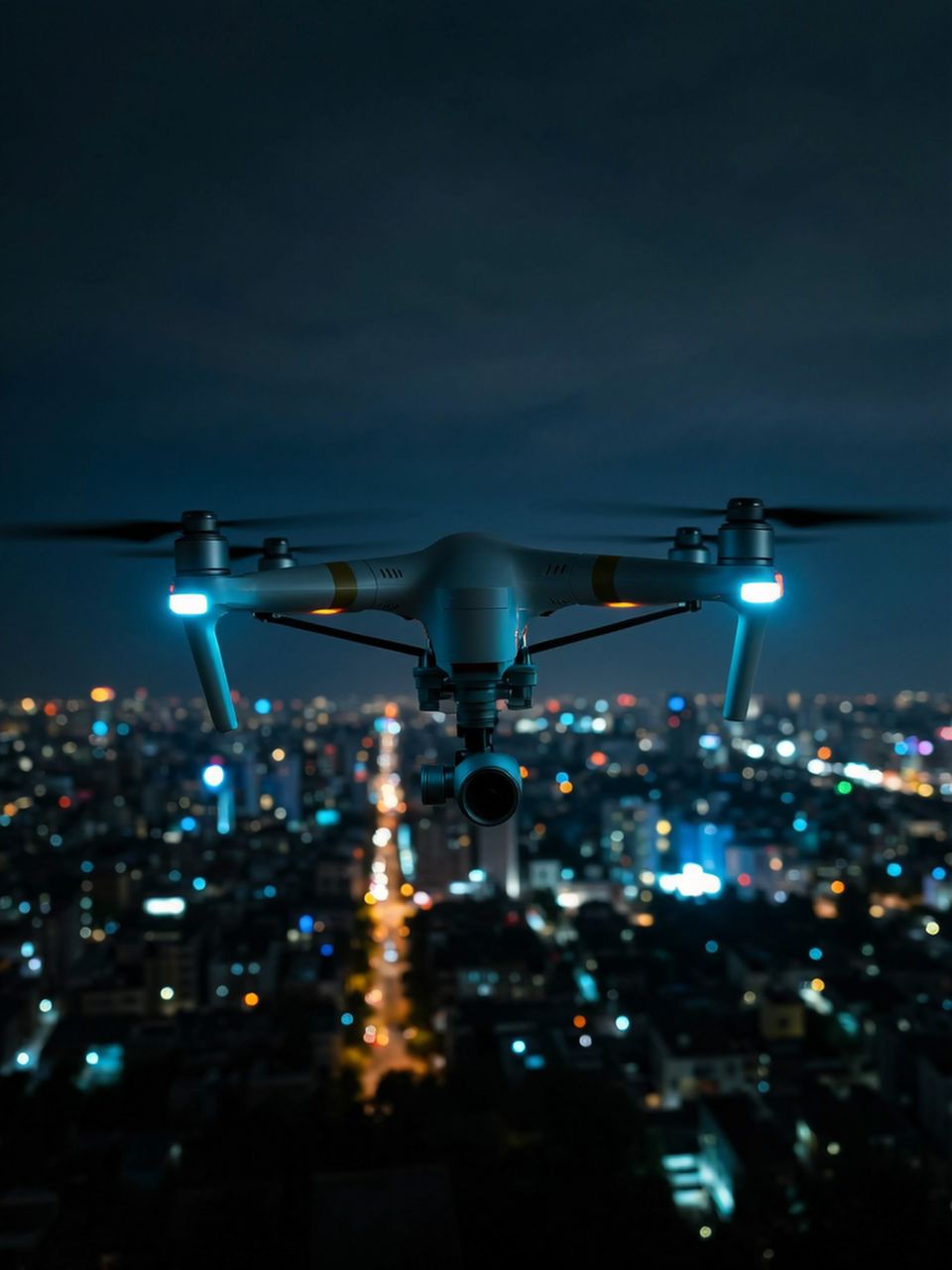 Drone flying at night, above a city with glowing lights, aerial view