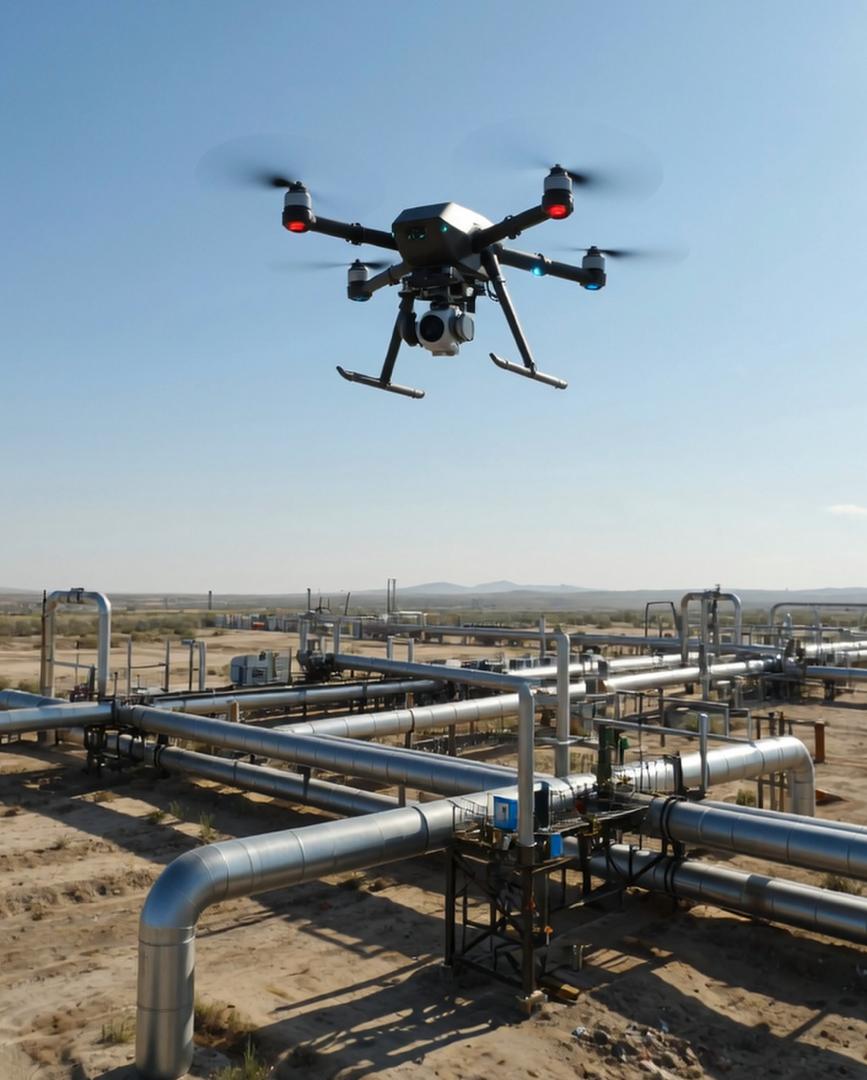 Drone flying over industrial pipes with cameras against a clear blue sky