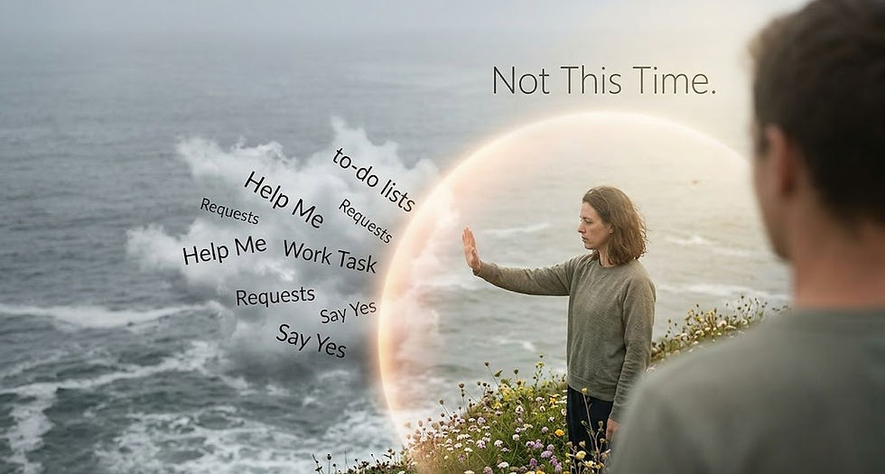 Woman setting a virtual boundary bubble against requests for help