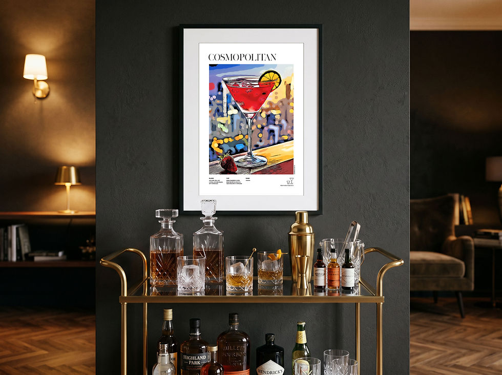 Cosmopolitan illustrated cocktail poster displayed in modern kitchen or home bar interior with night light