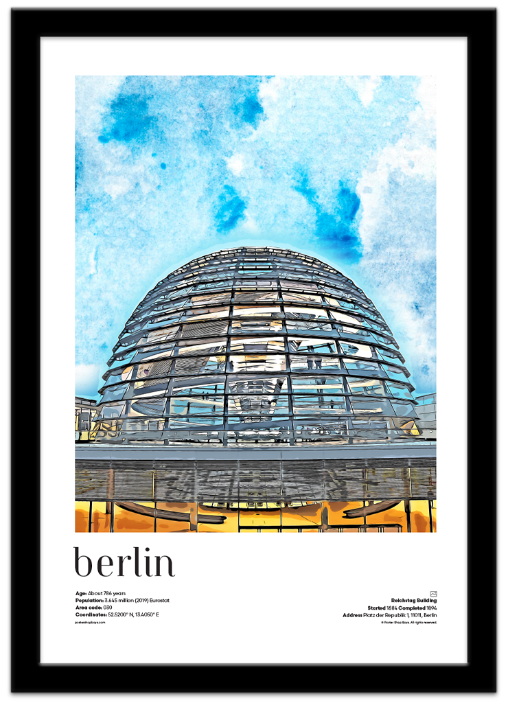 Poster Shop Boys Berlin — Reichstag Building illustrated city travel poster displayed in black frame. Shop now