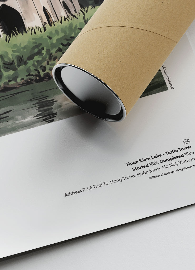Close-up of illustrated Hanoi — Hoan Kiem Lake Turtle Tower travel poster print showing fine art paper