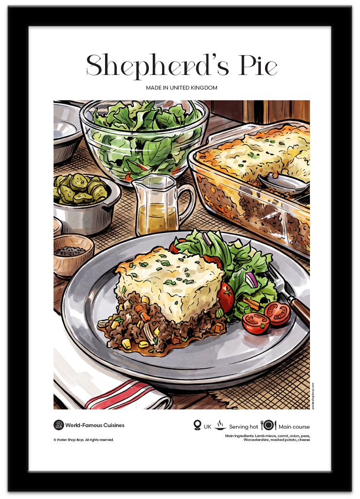 Poster Shop Boys Shepherd's Pie — illustrated mid-century world cuisine poster displayed in black frame. Shop now