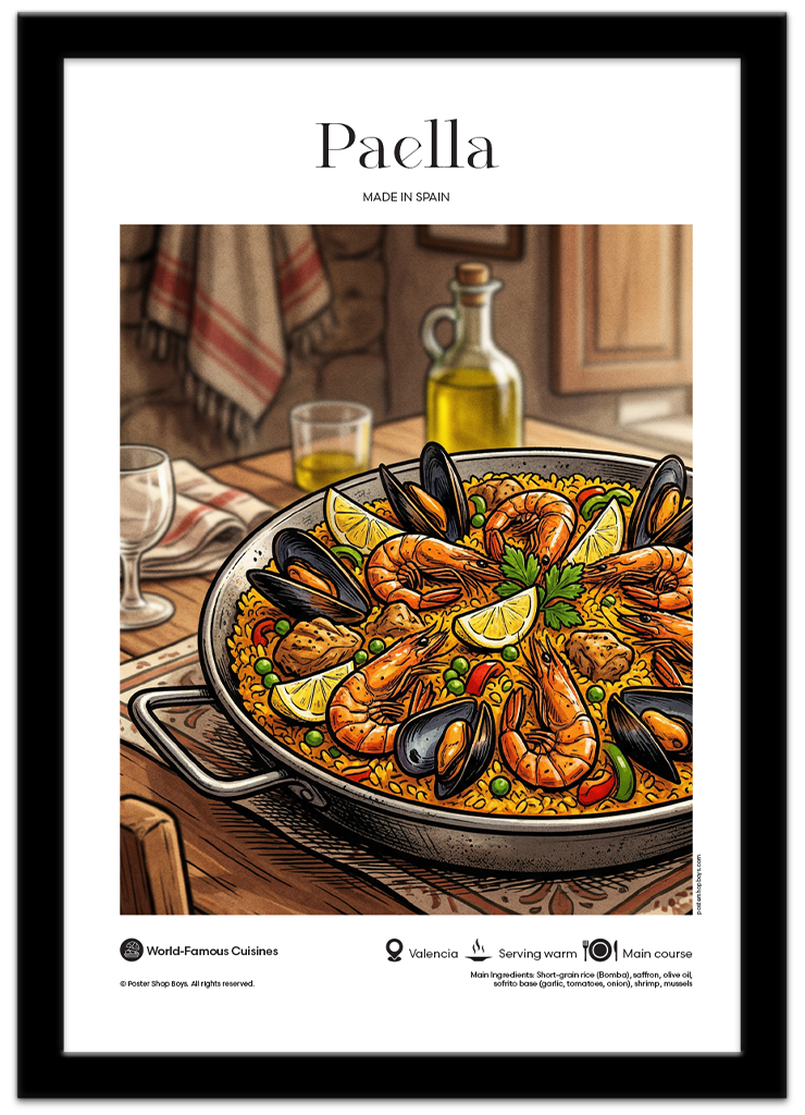 Poster Shop Boys Paella — Spain illustrated world cuisine poster displayed in black frame. Shop now