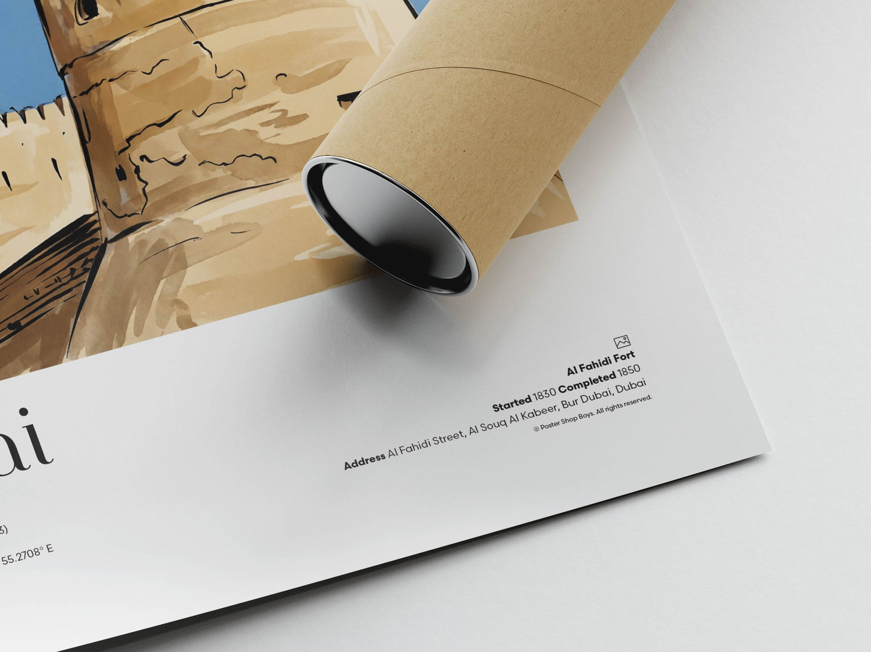 Close-up of illustrated Dubai — Al Fahidi Fort travel poster print showing fine art paper texture and high-quality details