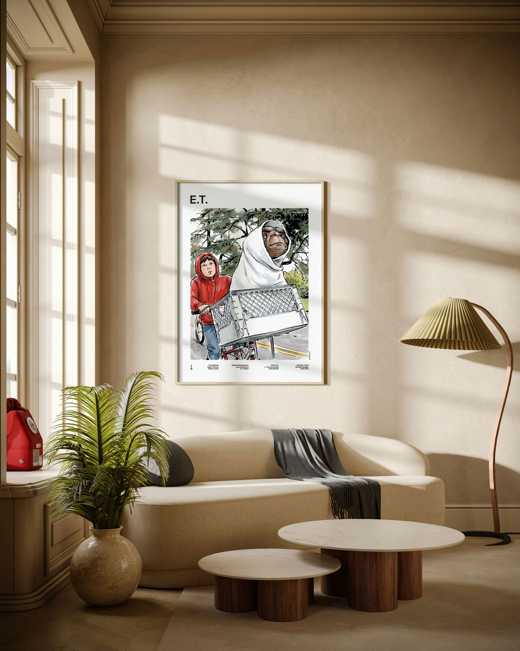 E. T. - The Extra-Terrestrial illustrated mid-century movie poster displayed in modern living room with natural daylight