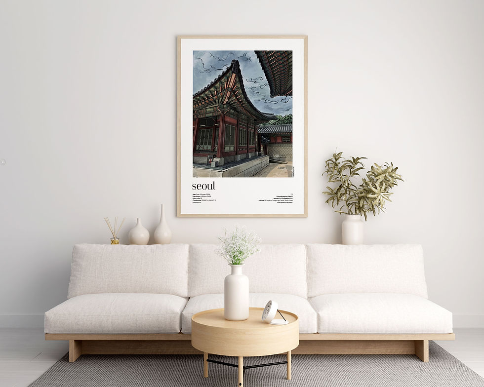 Seoul — Gyeongbokgung Palace illustrated city travel poster displayed in modern living room interior with natural daylight