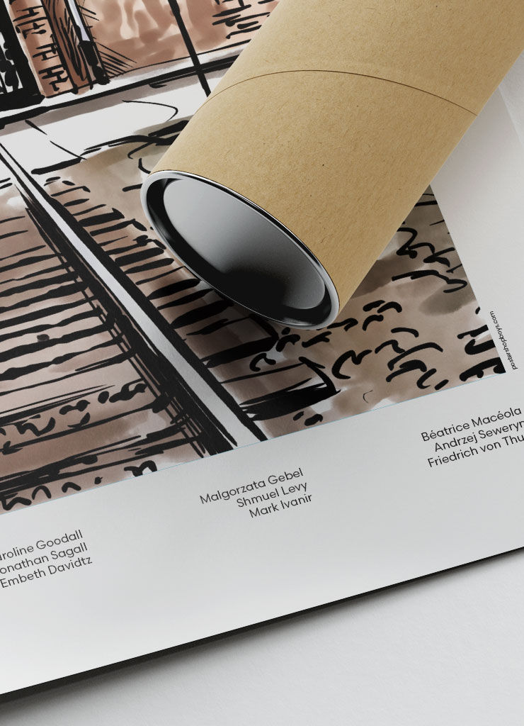 Close-up of illustrated Schindler's List — Birkenau Gate movie poster print showing fine art paper texture and details