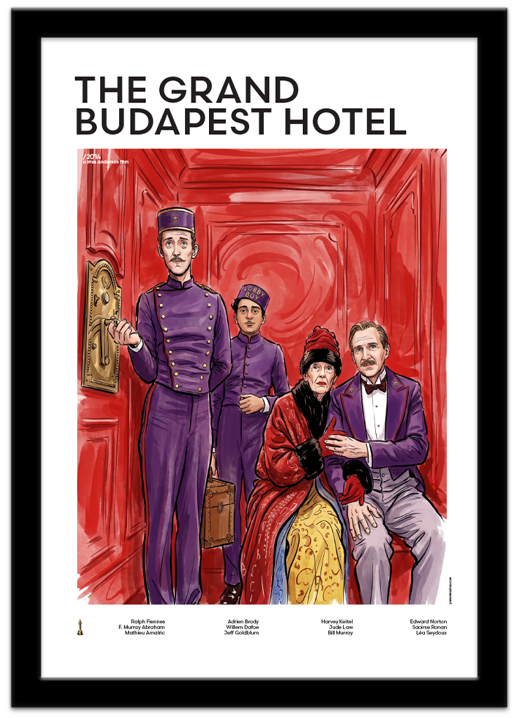 Poster Shop Boys The Grand Budapest Hotel - Gustave illustrated mid-century movie poster displayed in black frame. Shop now