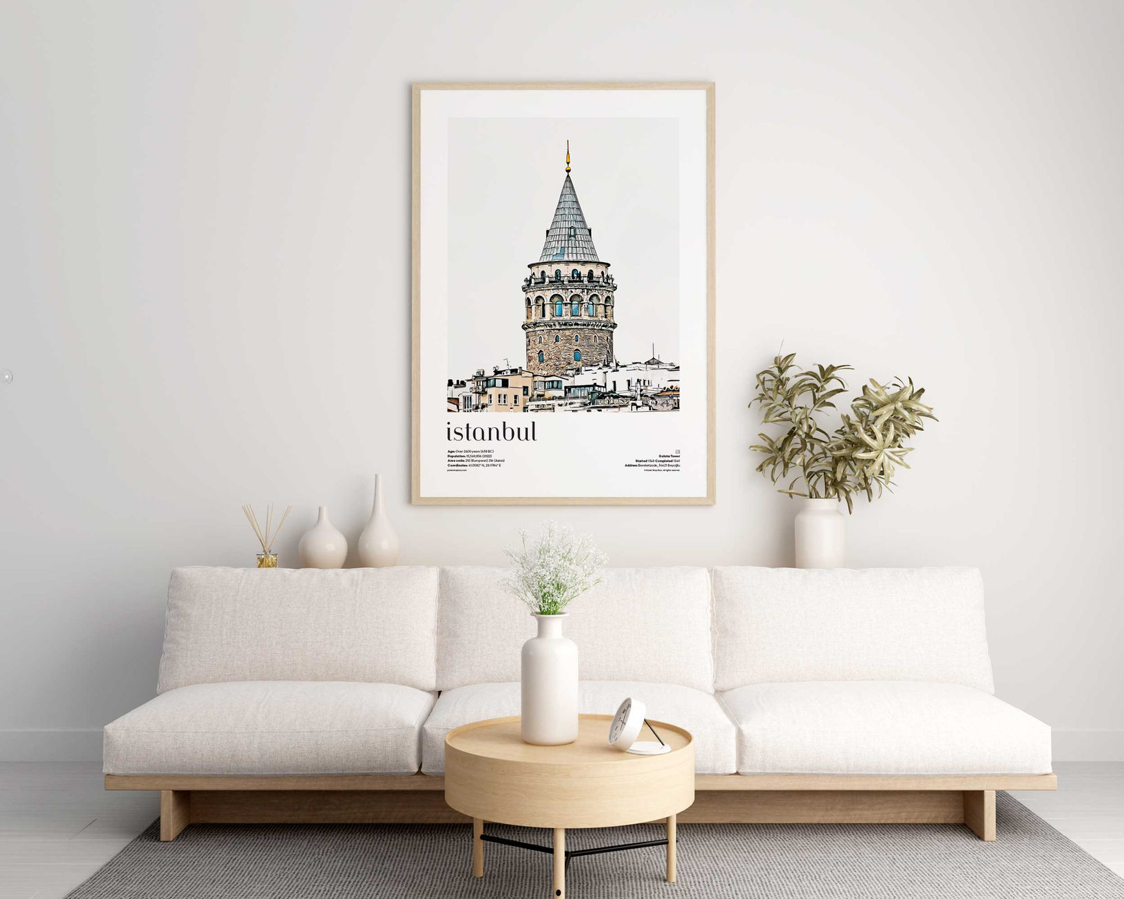 Istanbul — Galata Tower illustrated city travel poster displayed in modern living room interior with natural daylight