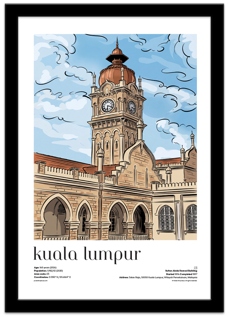 Poster Shop Boys Kuala Lumpur — Sultan Abdul Samad Building illustrated city travel poster displayed in black frame. Shop now