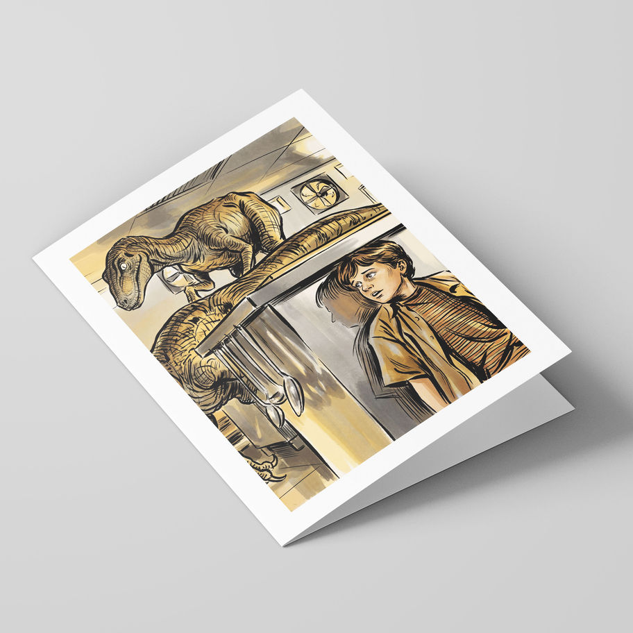 Poster Shop Boys Jurassic Park - T-Rex and Tim illustrated greeting card, front of the card. Shop now