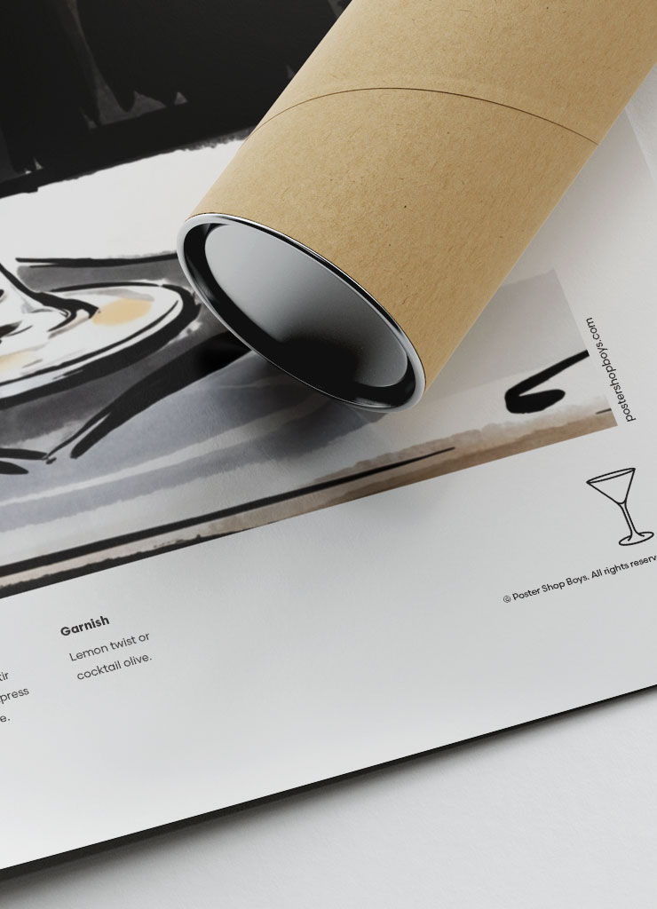 Close-up of illustrated Dry Martini cocktail recipe poster print showing fine art paper texture and high-quality details
