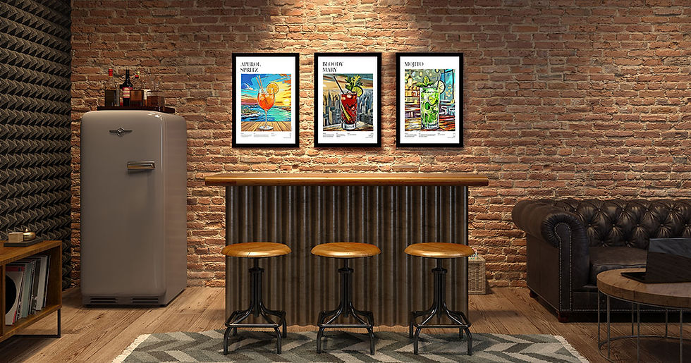 Aperol Spritz, Bloody Mary and Mojito illustrated cocktail recipe posters displayed on a brick-wall home bar setting — original mid-century wall art by Poster Shop Boys, printed on 200gsm premium matte paper
