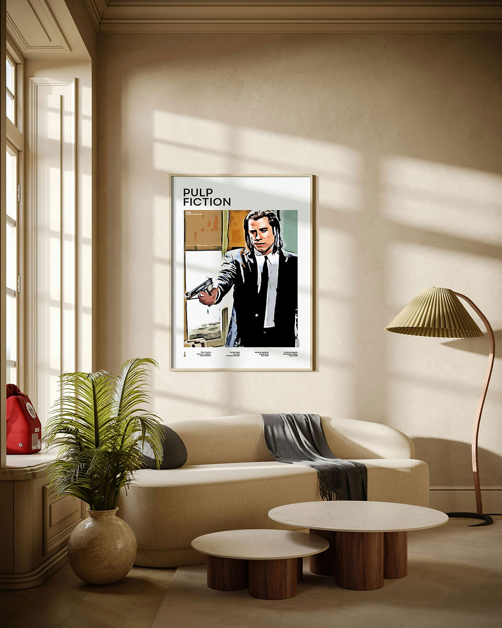 Pulp Fiction Vincent Vega illustrated mid-century movie poster displayed in modern living room interior with natural daylight