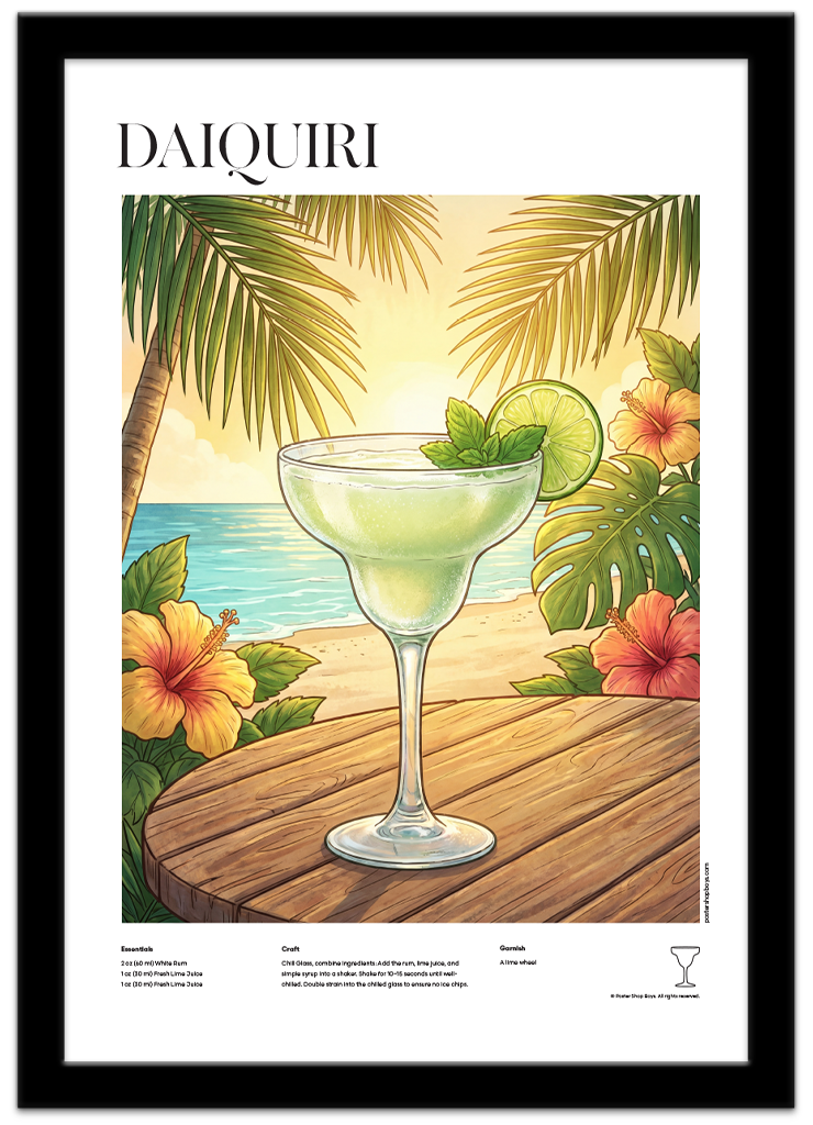 Poster Shop Boys Daiquiri illustrated cocktail recipe poster displayed in black frame. Shop now