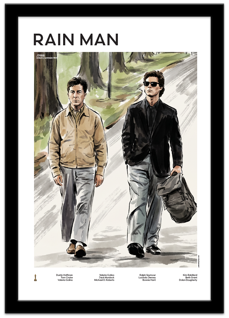 Poster Shop Boys Rain Man - Raymond - Charlie illustrated mid-century movie poster displayed in black frame. Shop now