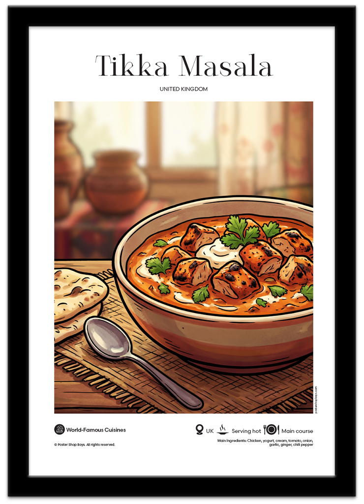 Poster Shop Boys Tikka Masala — United Kingdom illustrated world cuisine poster displayed in black frame. Shop now