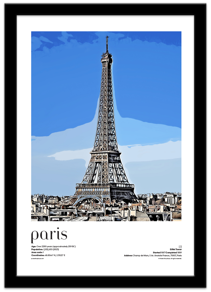 Poster Shop Boys Paris — The Eiffel Tower illustrated city travel poster displayed in black frame. Shop now
